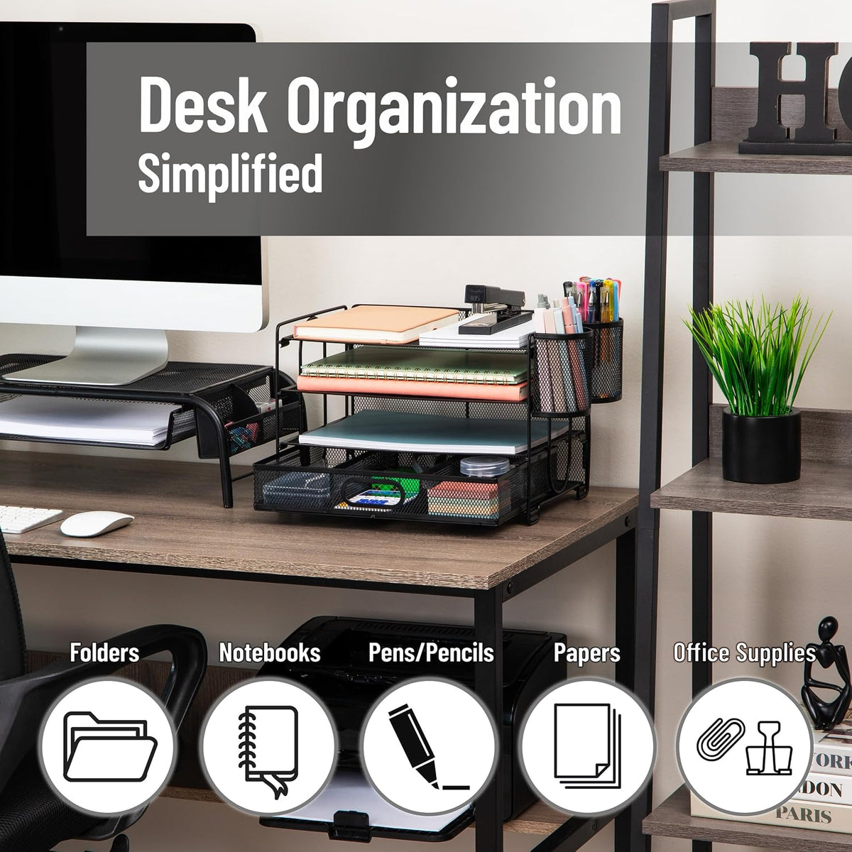 Mind Reader Mesh Desk Organizer, 3 Trays, 1 Drawer, 2 Pen Holders, Office Des...