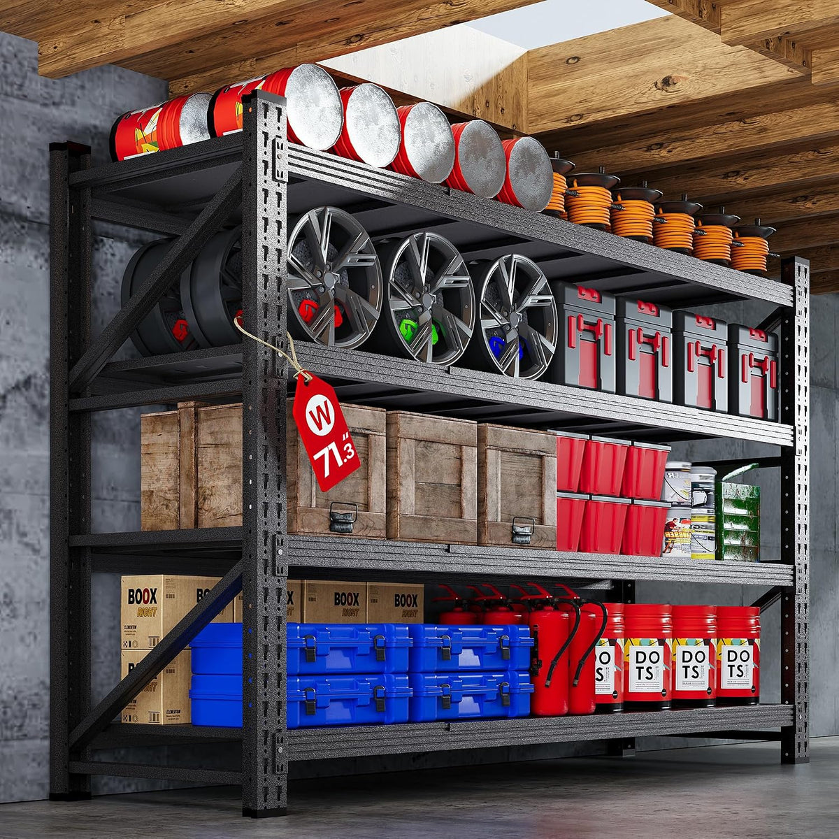 71.3” wide heavy duty metal garage shelving, adjustable, main product view