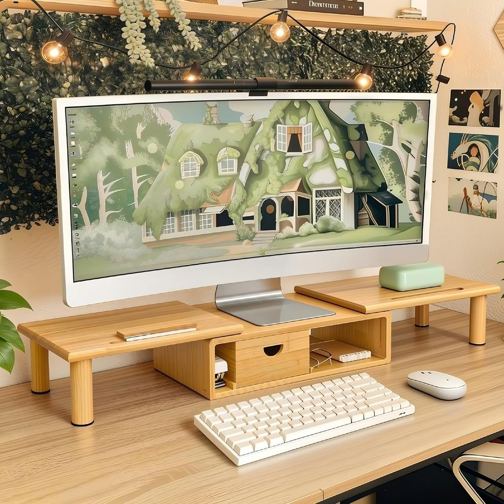 dual monitor stand riser with drawer for desk shown in use