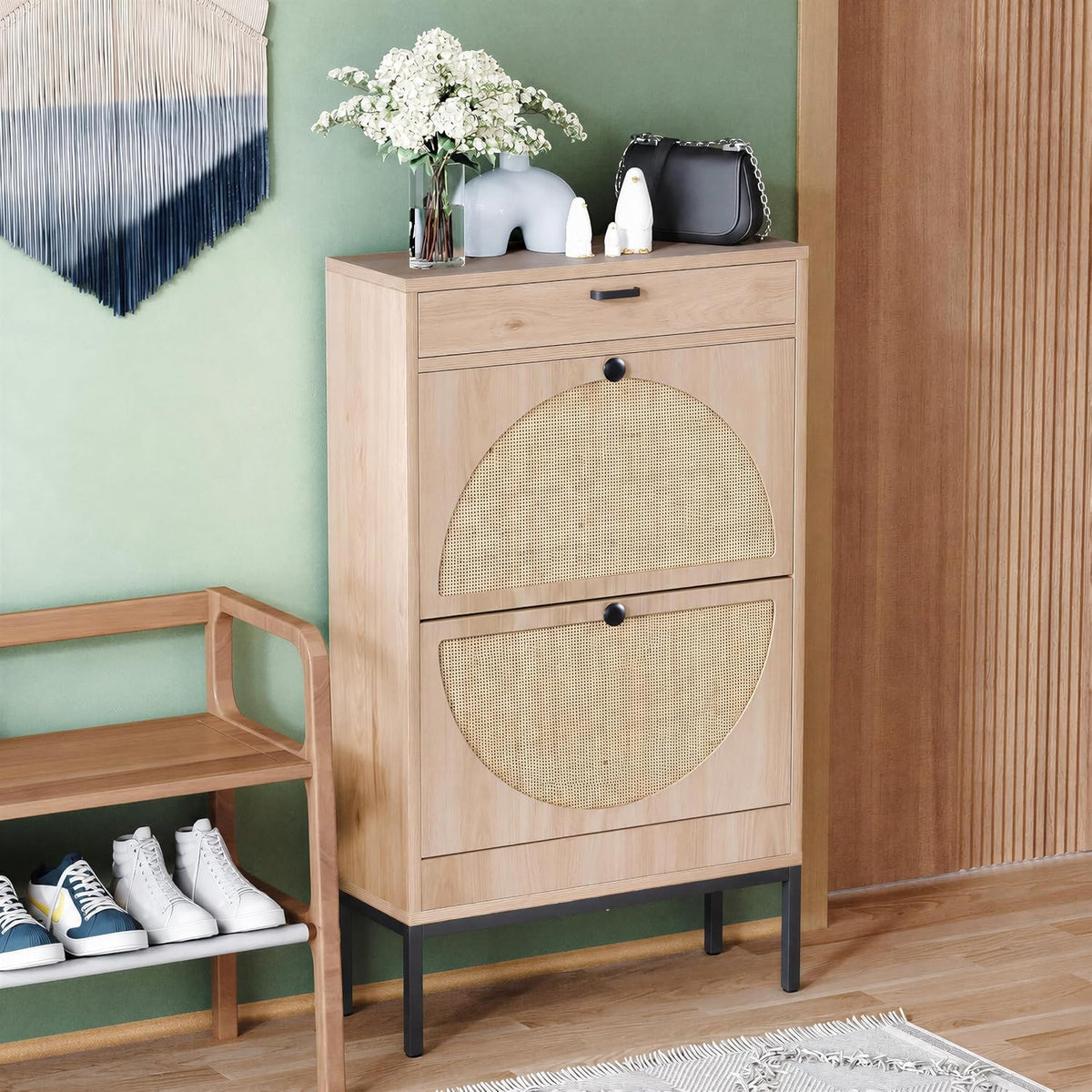 Yechen Shoe Rack Storage Organizer with 2 Natural Semi-Circular Rattan Doors,...
