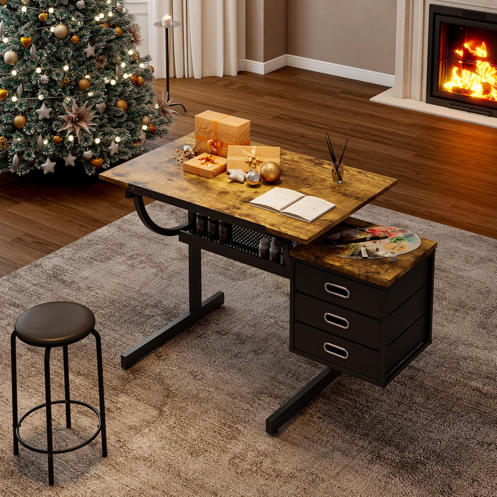 JYH Art Table Craft Drawing Desk - Adjustable Drafting Table with Stool and 3 Drawers for Painters, Artist, Tiltable Workstation for Painting, Writing Crafting in Home Office Studio, Black