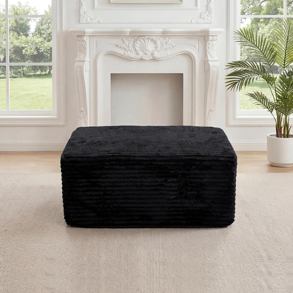 27.56'' plush fluffy corduroy poofy ottoman in a, side view