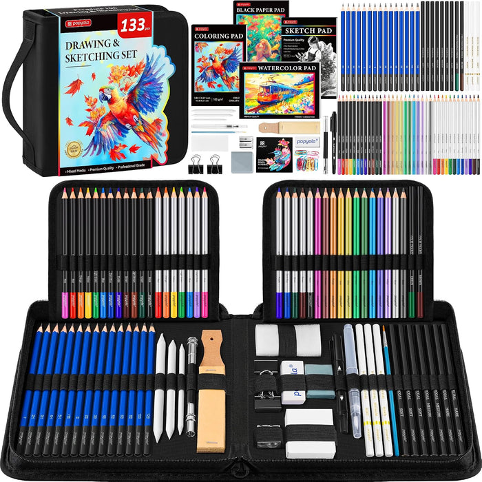 133 Pack Drawing Set Sketching Kit, Pro Art Supplies Sketch Pencils Set