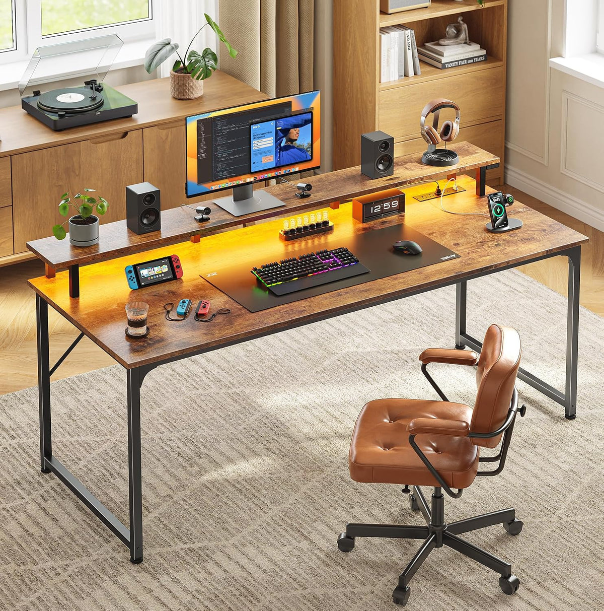 PRAISUN 55 inch Gaming Desk, LED & Outlets, Monitor Stand, Rustic Brown