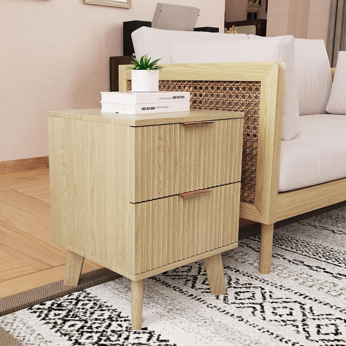 XUZENEST Fluted Nightstand, Mid Century Modern 2 Drawer Bedside Table for Bed...