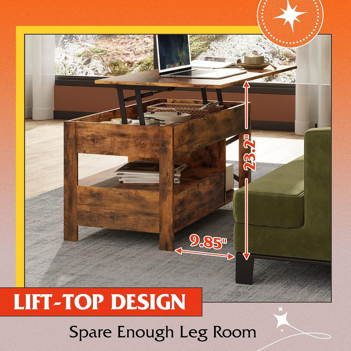 WLIVE Lift Top Coffee Table for Living Room/Dining/Office, Brown
