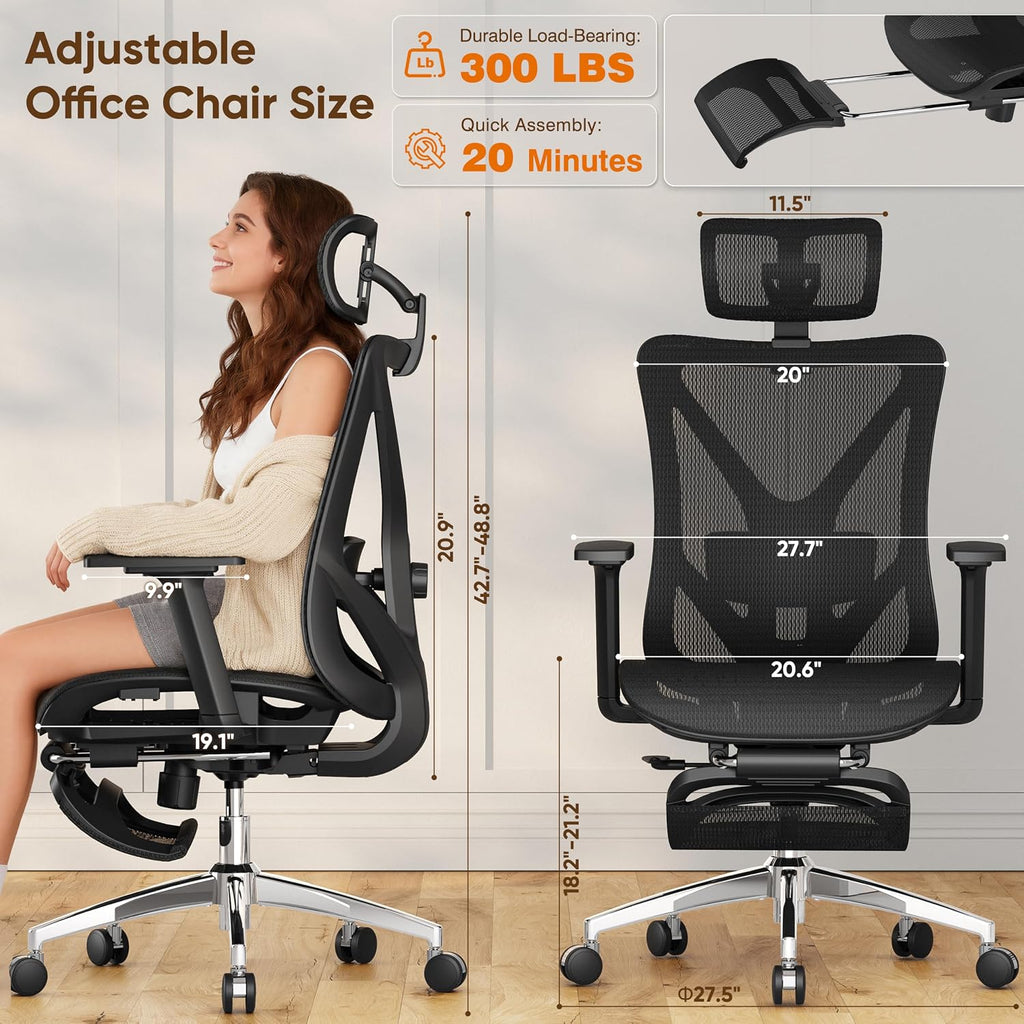 gabrylly ergonomic office chair with footrest, 135° reclining, close-up detail