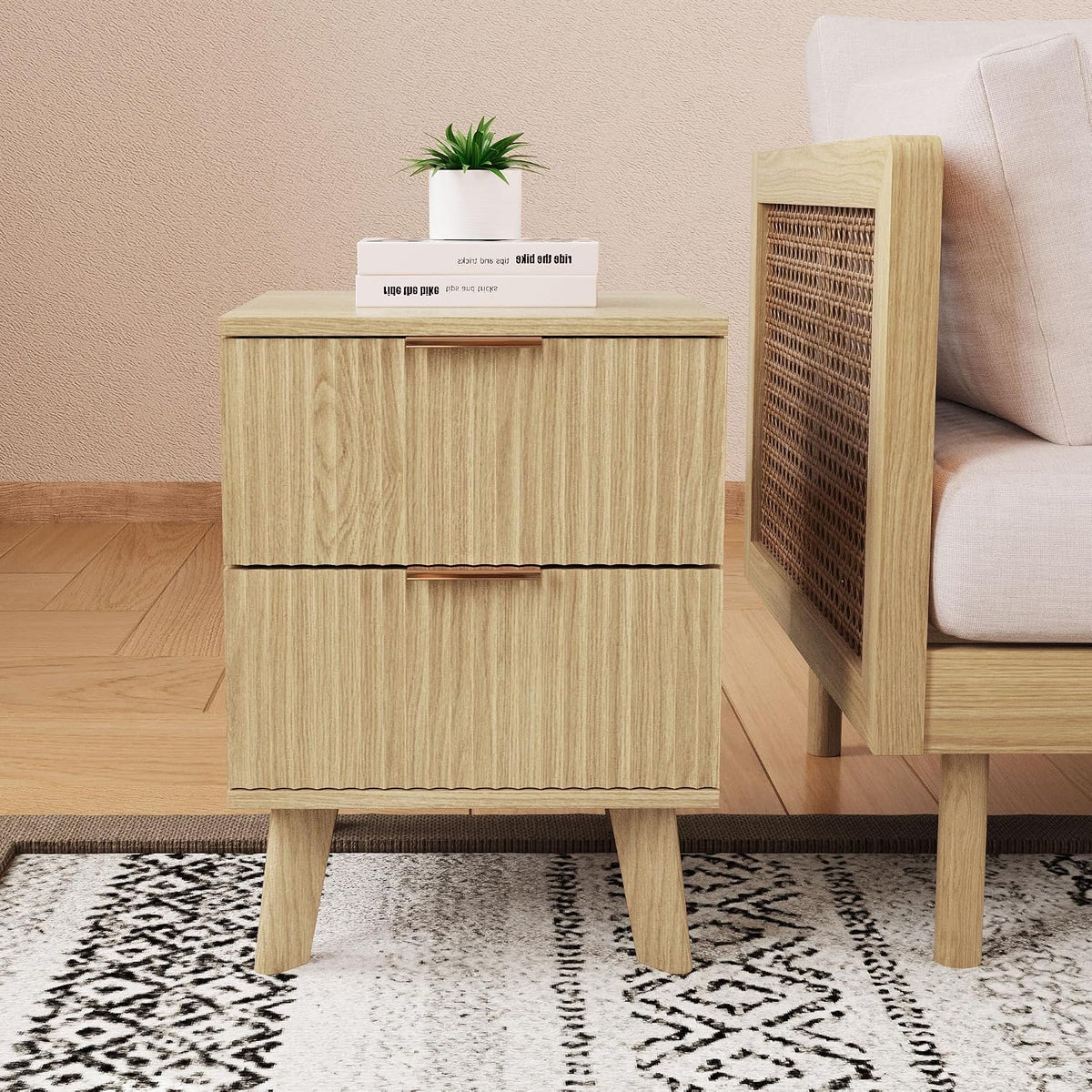 XUZENEST Fluted Nightstand, Mid Century Modern 2 Drawer Bedside Table for Bed...