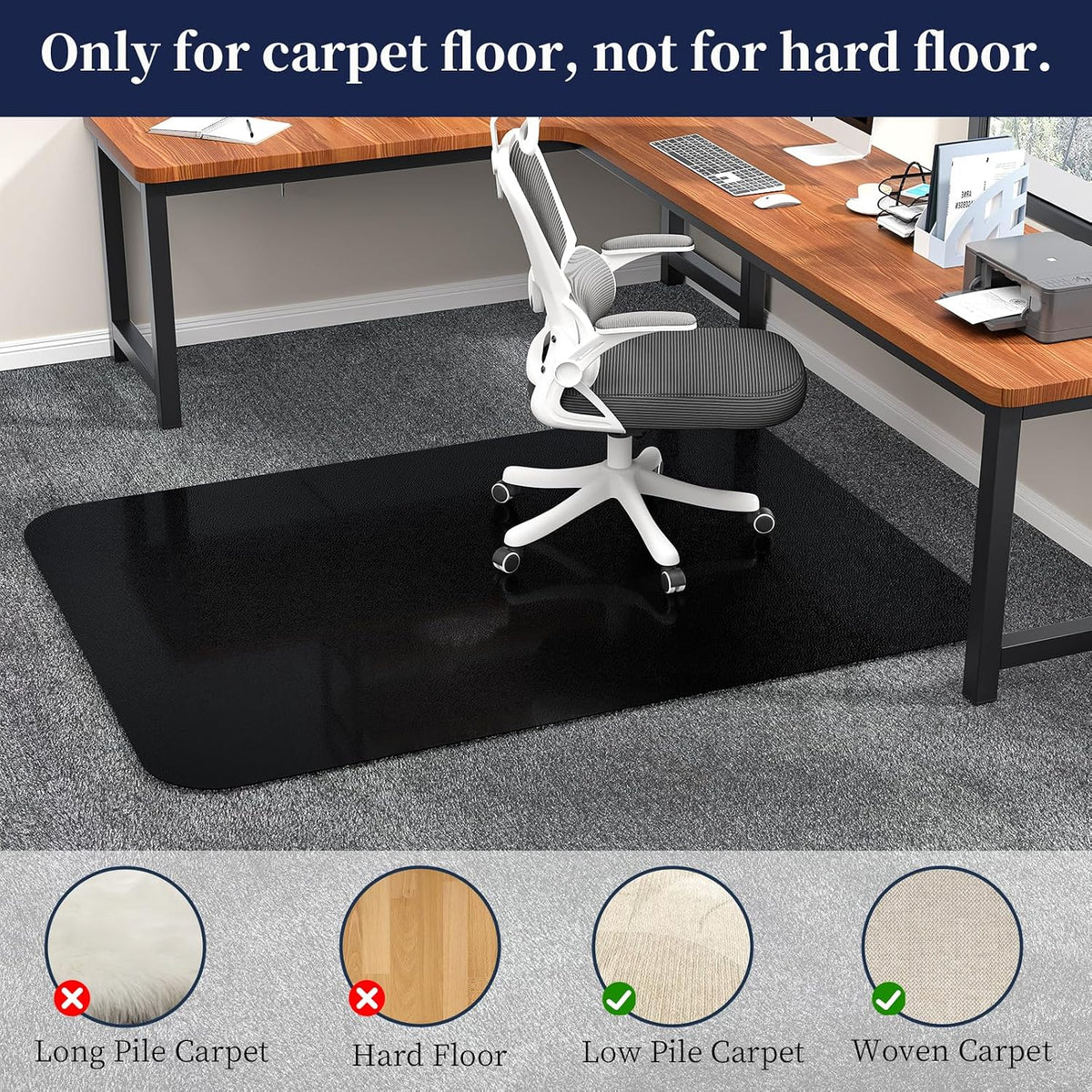 Desk Chair Mat for Carpet 36"x48" for Low Pile Carpets, Black