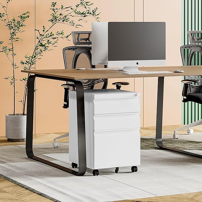 MIIIKO White Filing Cabinet 3 Drawers on Wheels Under Desk, Metal Rolling File - Image 9