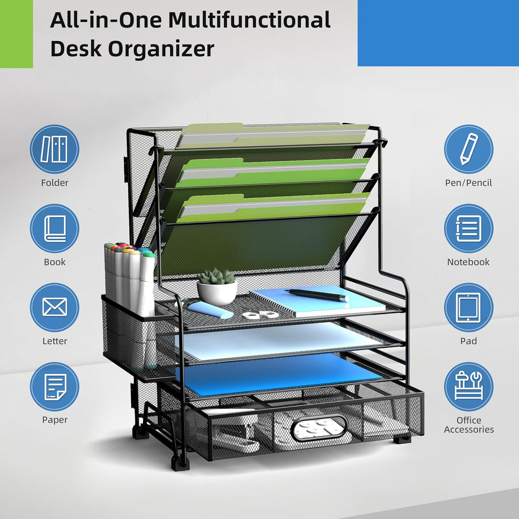 mindepot 4-tier paper organizer + 3-pocket file holder, side view