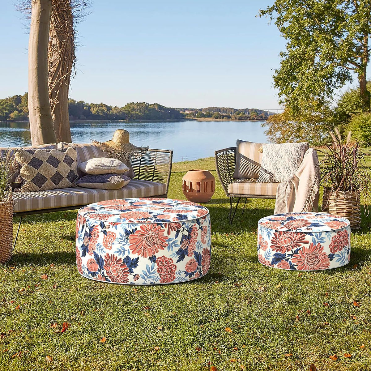 Indoor/Outdoor Inflatable Ottoman with Handle, Decorative Fade-Resistant Roun...