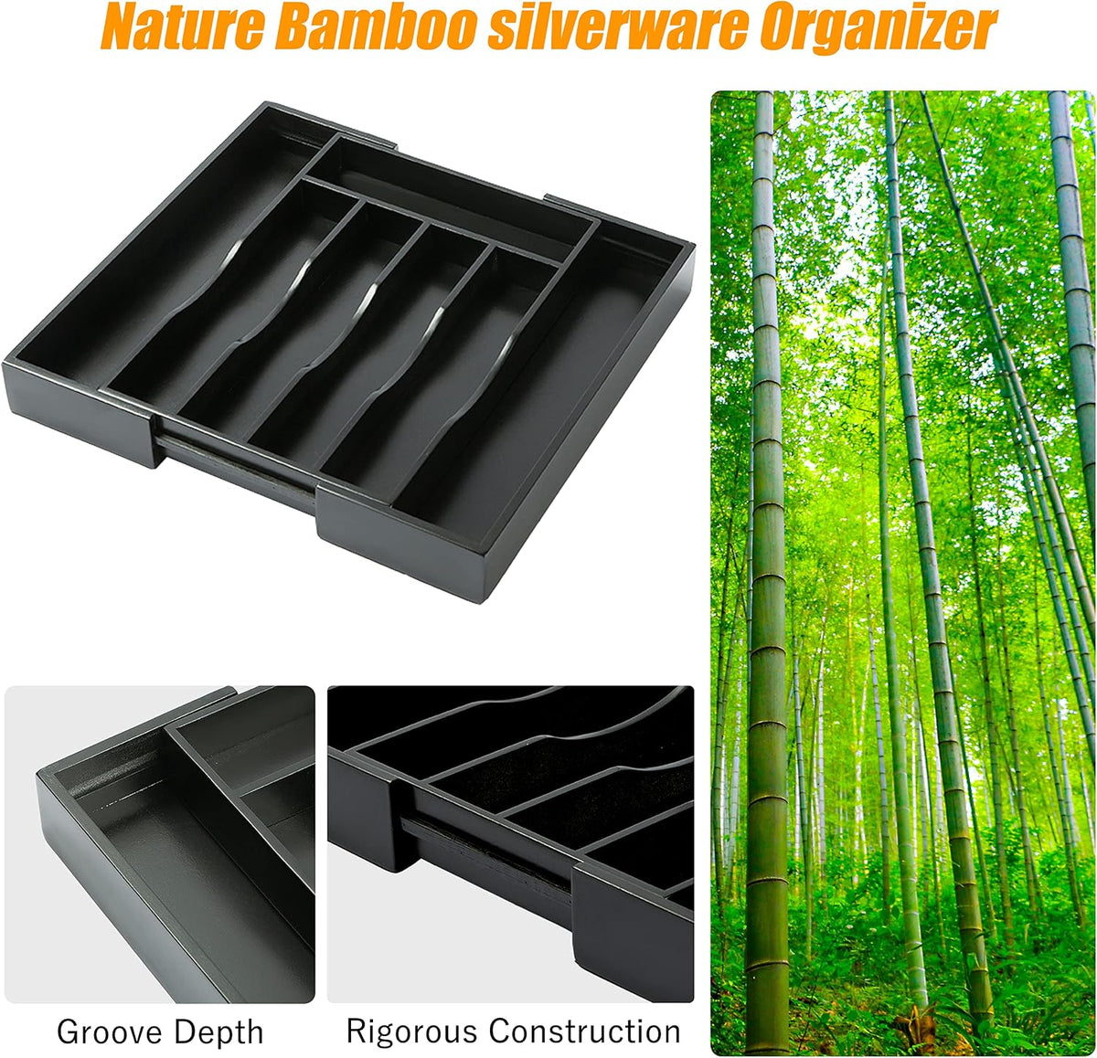 Bellsal Black Silverware Organizer Kitchen Drawer Organizer Expandable Bamboo...