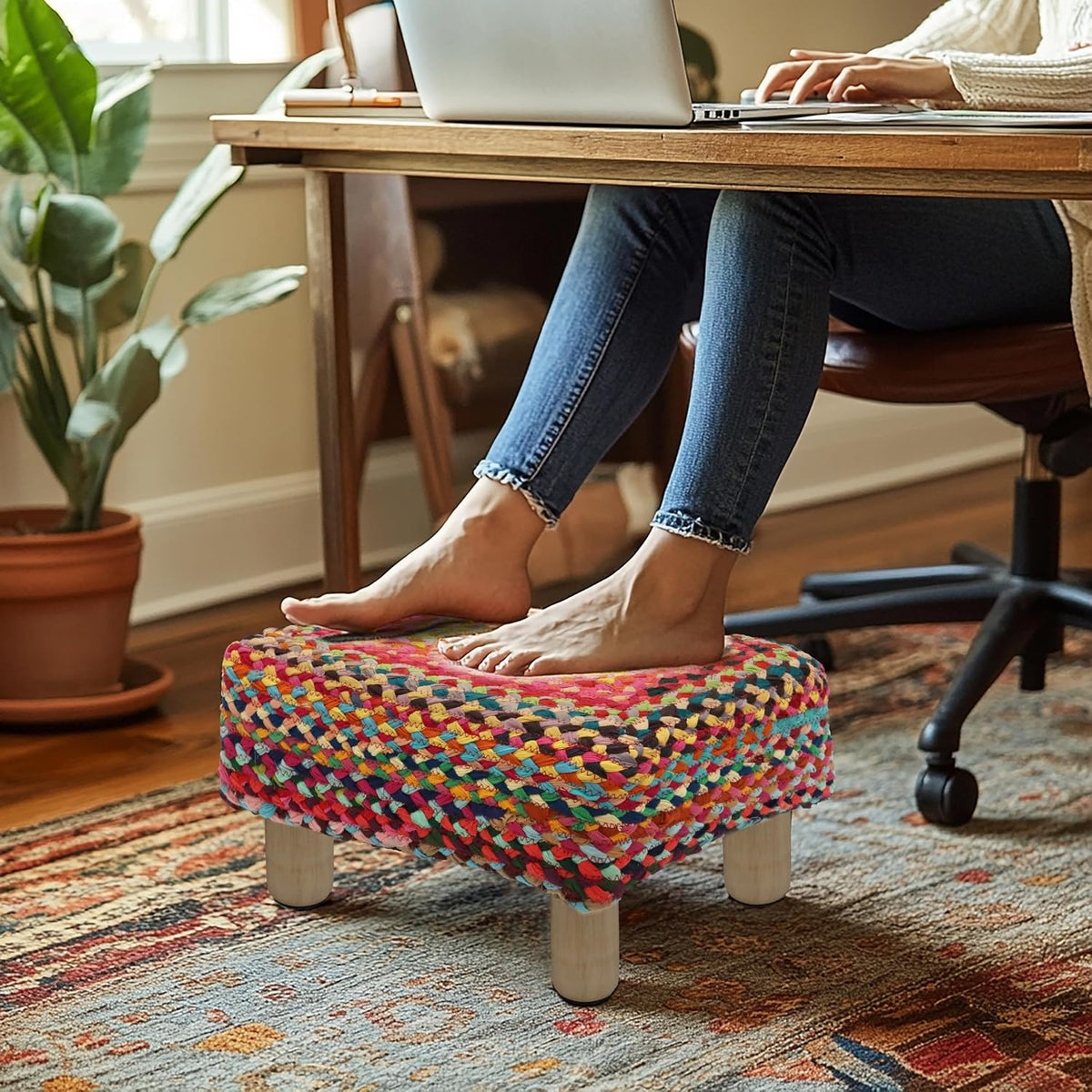 COTTON CRAFT Multi Chindi Footrest - Braided Cotton Rag Rug Foot Stool