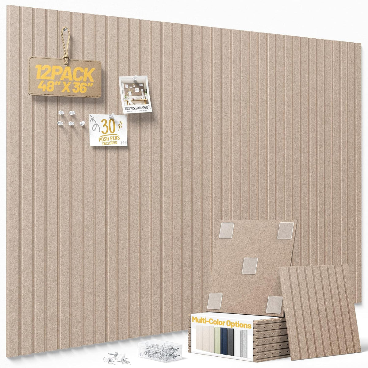 Large Cork Board for Walls Fine-Stripe Bulletin Board with 60 Adhesive Tabs