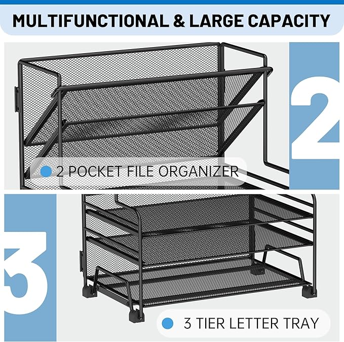 Desk File Organizer, 3-Tier Letter Tray Paper Organizer and 2-Pocket Metal - Image 3
