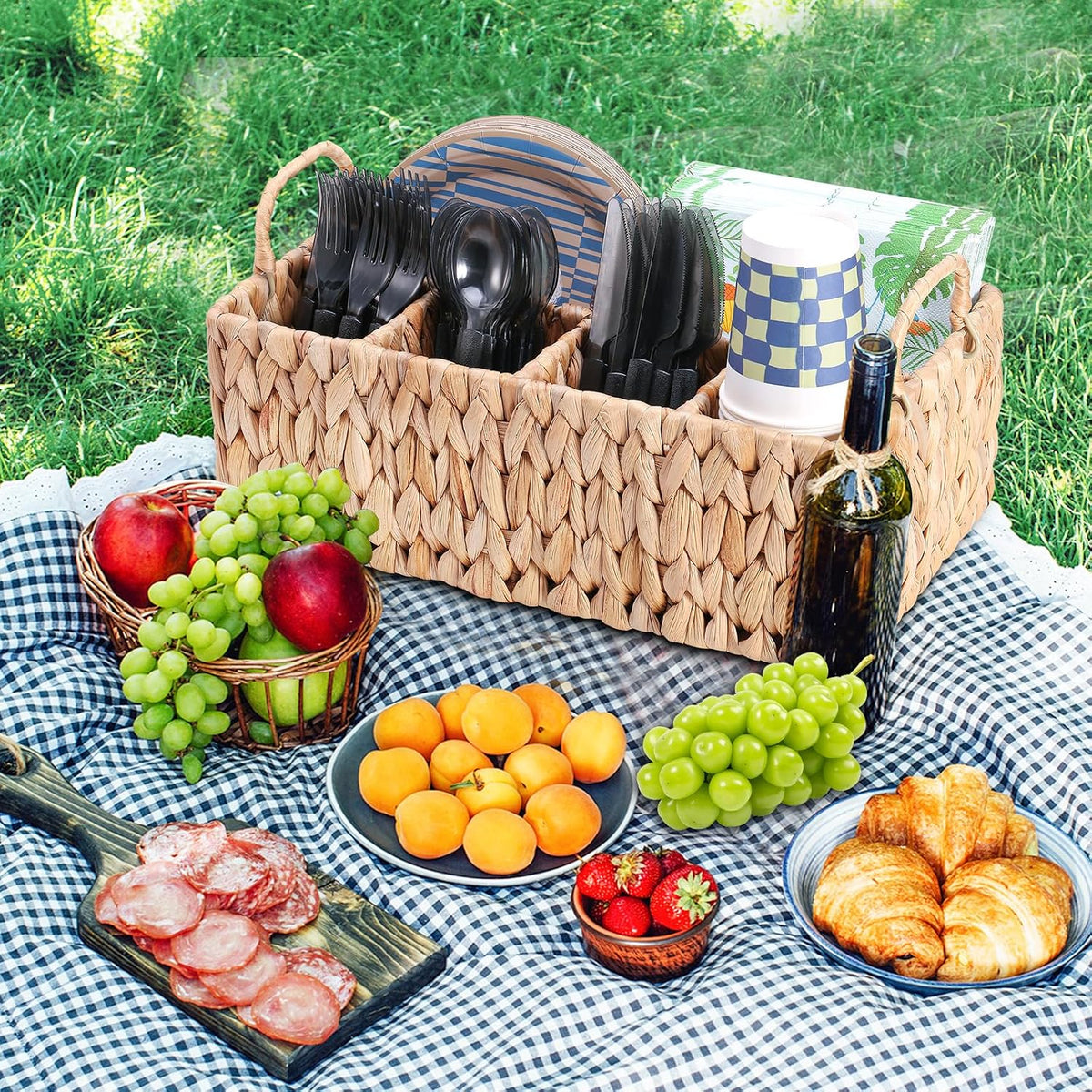 Wicker Party Silverware Caddy, Water Hyacinth Plastic Cutlery Utensil Holder,...
