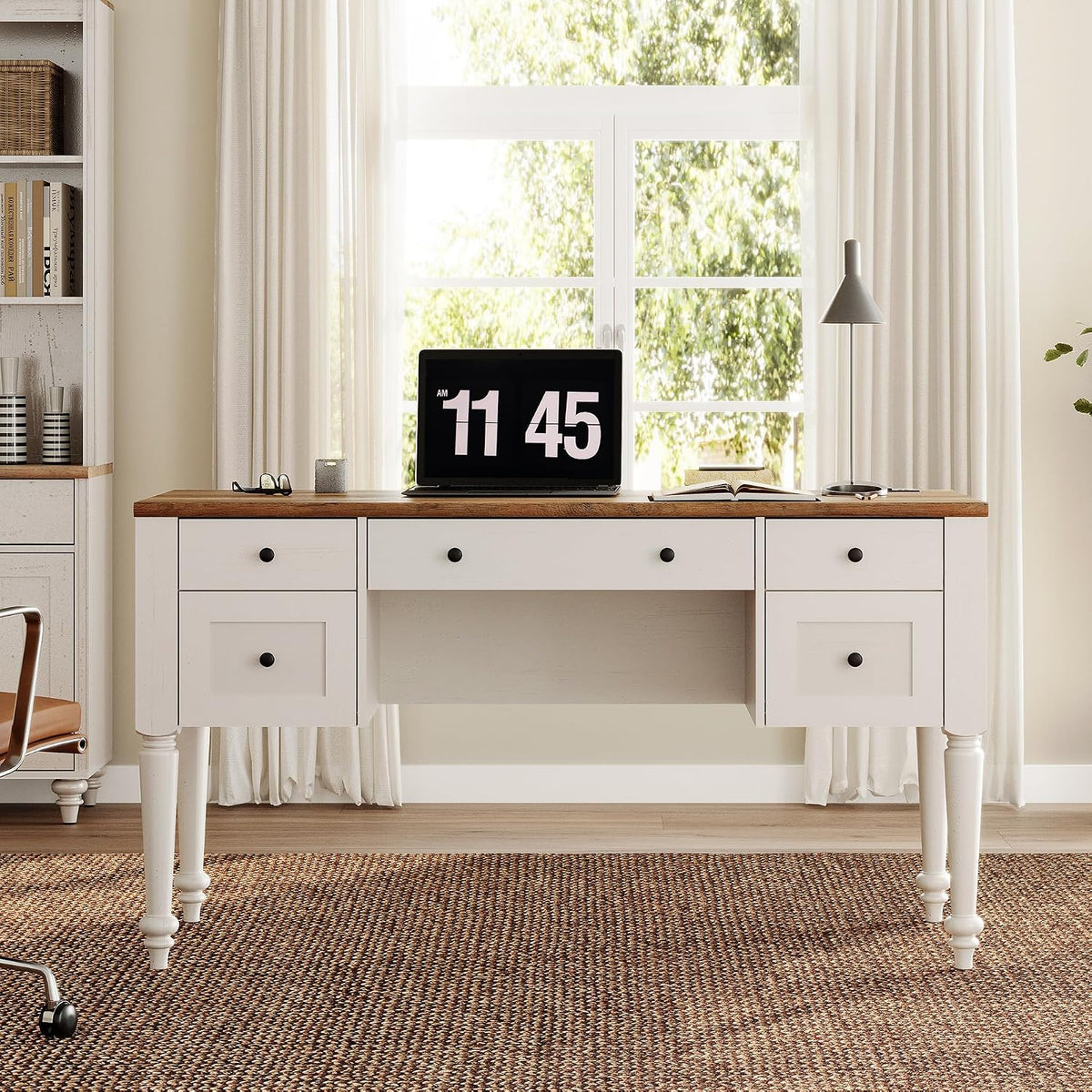 WAMPAT Farmhouse Executive Desk with Charging Station, Off White, 56 Inch