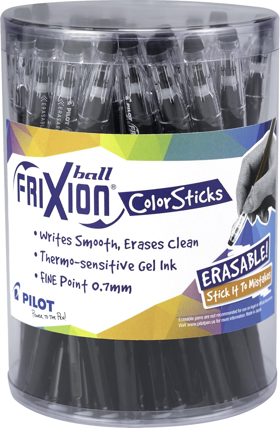 PILOT FriXion ColorSticks Erasable Gel Ink Pens, 0.7mm, Black, Tub of 36