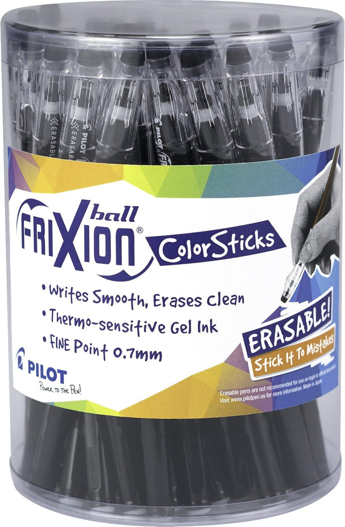 PILOT FriXion ColorSticks Erasable Gel Ink Pens, 0.7mm, Black, Tub of 36
