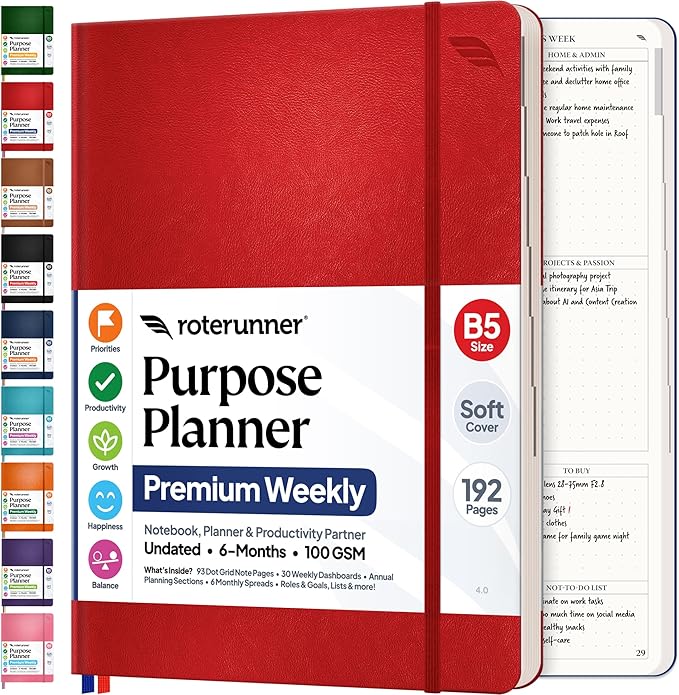 Roterunner Purpose Planner Notebook B5 7.5”x9.8” Undated 2026 Daily Weekly and by Roterunner