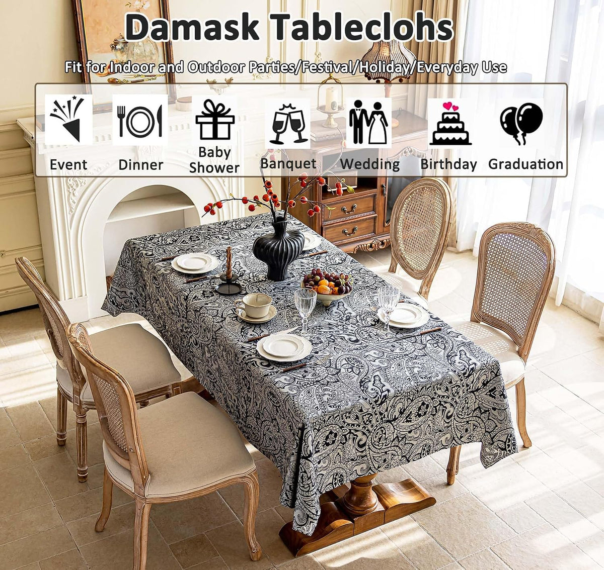 Black Jacquard Floral Tablecloth Rectangle 57”x70”, Waterproof & Wrinkle ...