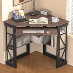 VECELO Corner Desk Computer Desk Writing Table with Smooth Keyboard Tray&Storage Shelves for Small Spaces/Compact Home Office Triangle Table,Brown