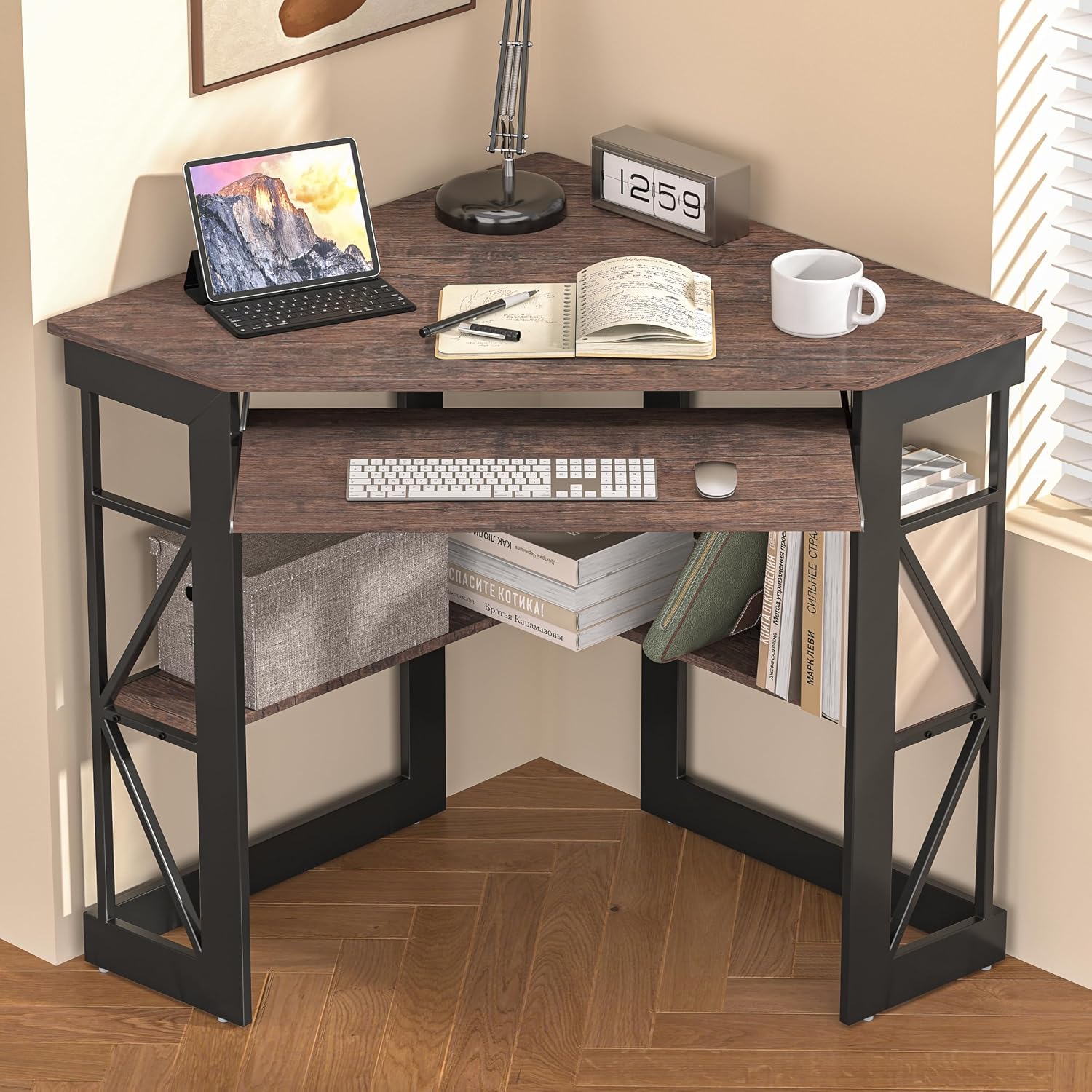 VECELO Corner Desk Computer Desk Writing Table with Smooth Keyboard Tray&Storage Shelves for Small Spaces/Compact Home Office Triangle Table,Brown