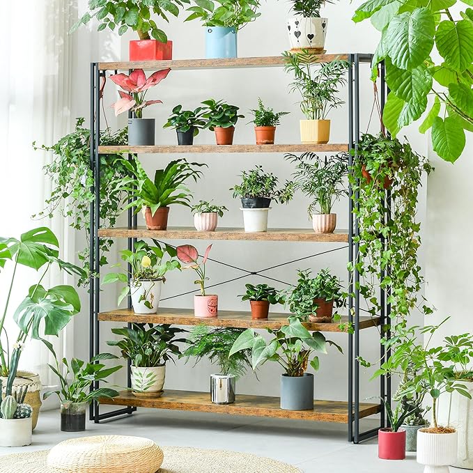 HCHQHS Bookshelf, 5-Tier Industrial Bookcase, Rustic Open Book Shelf, - Image 8