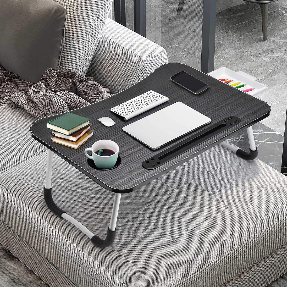 Slendor Bed Desk for Laptop and Writing with Storage, Cup Holder, Light