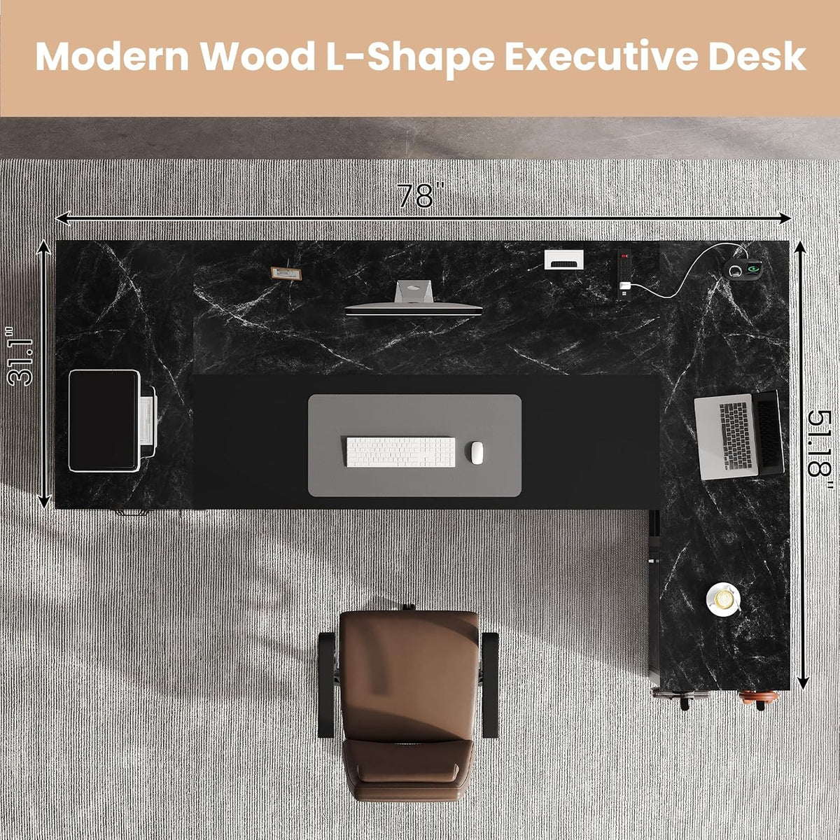 78" Executive Desk with Lockable File Cabinet, L Shaped Office Desk with...