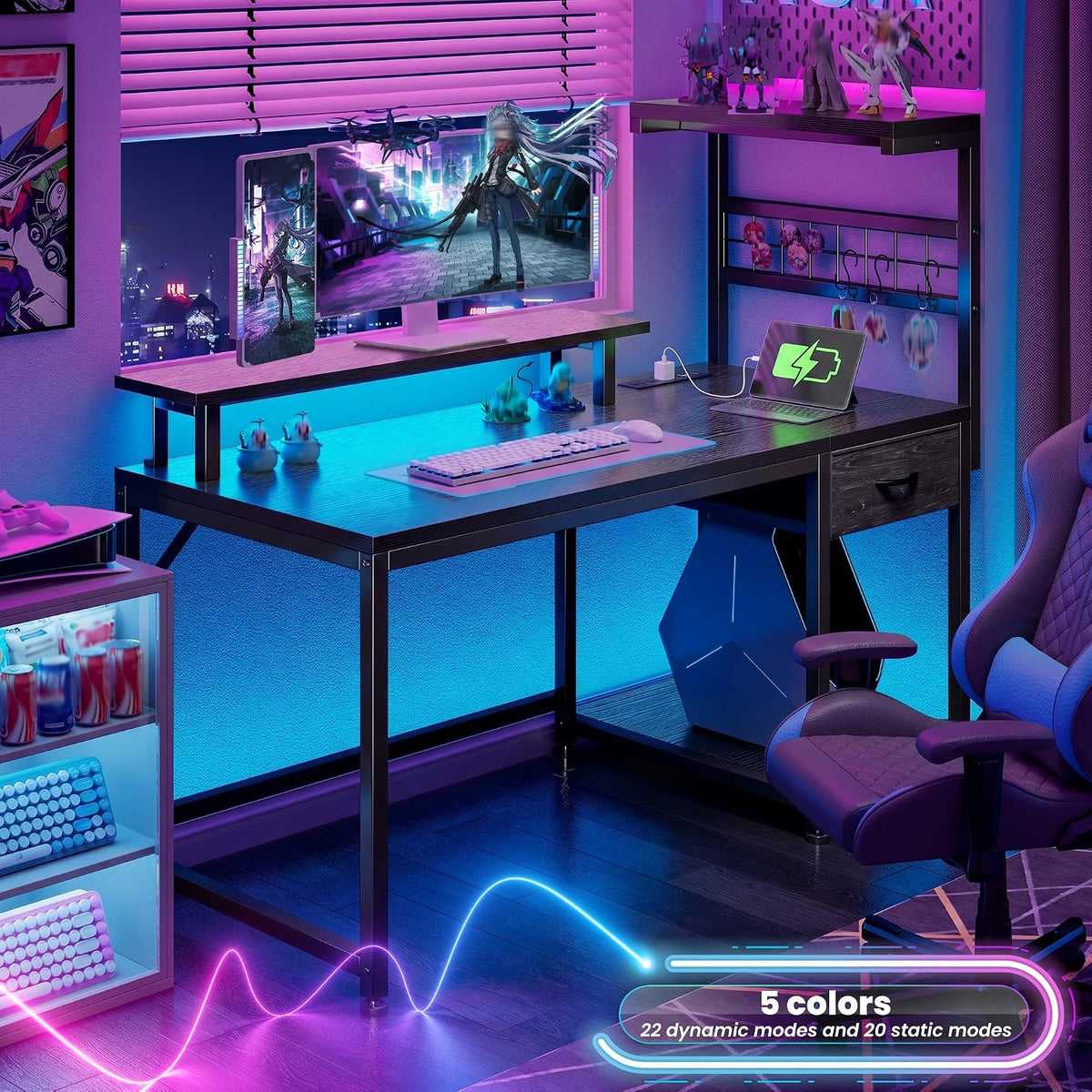 EnHomee 40 "Gaming Desk with LED Lights & Power Outlets, Black