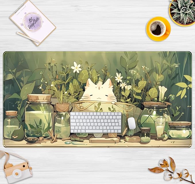 Cute Desk Mat Green Plant Cat Kawaii Sage Mouse Pad Gaming XXL Large Mousepad - Image 2