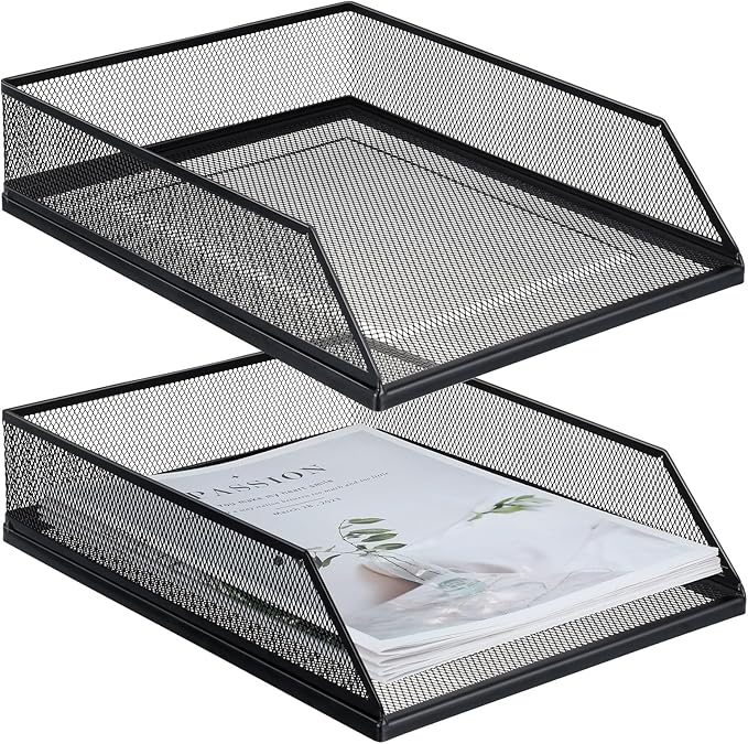Hicarer 2 Pcs Black Metal Letter Tray Stackable Desk Tray Single Wire Mesh by Hicarer