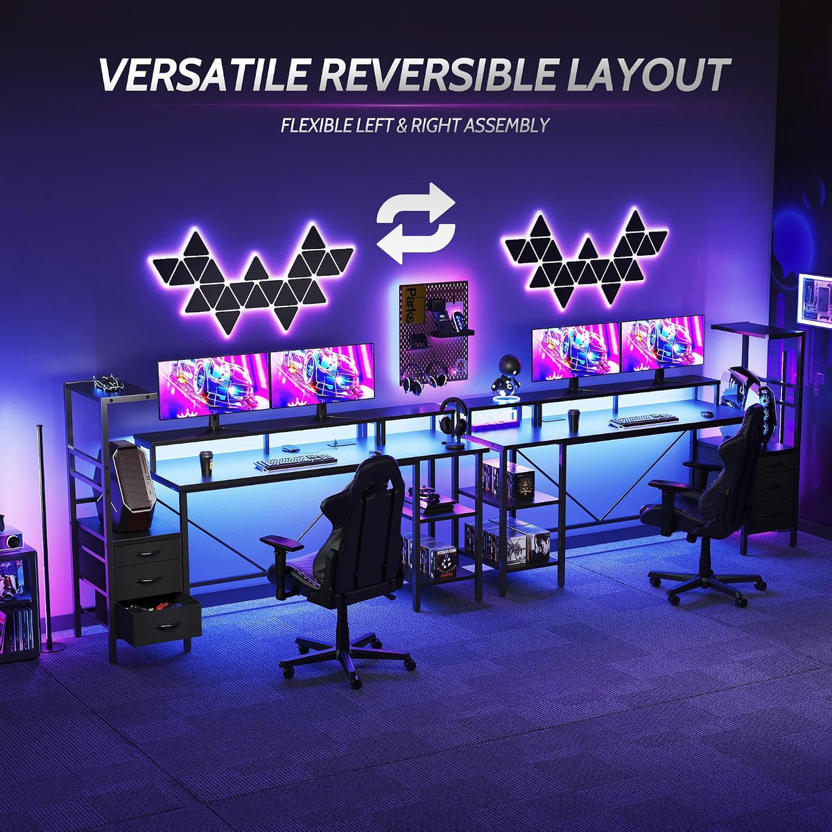 59 in Gaming Desk with Storage Drawers & Shelves, Reversible Computer Desk