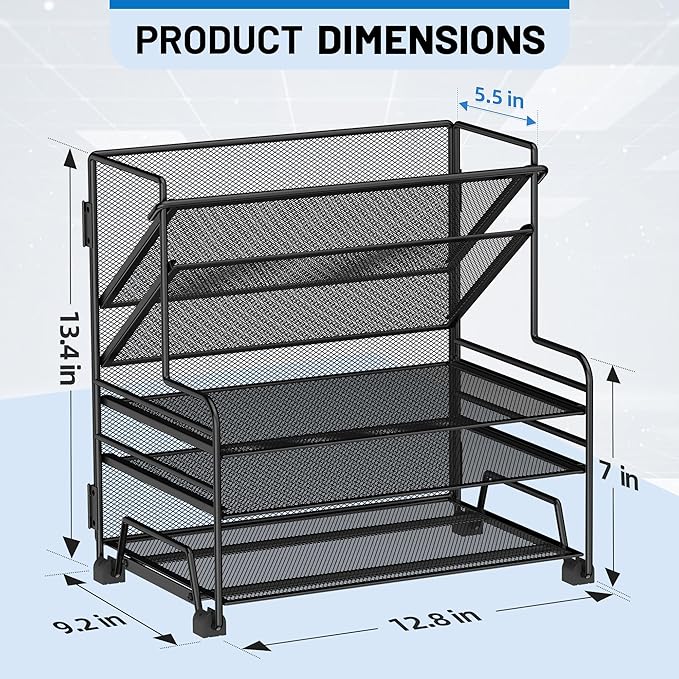 Desk File Organizer, 3-Tier Letter Tray Paper Organizer and 2-Pocket Metal - Image 2