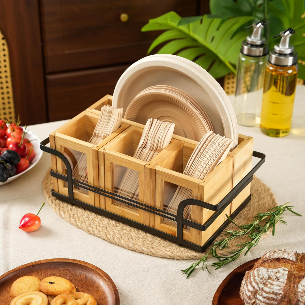 Bamboo Silverware Caddy with Paper Plate Holder, Utensil Organizer for Forks,...
