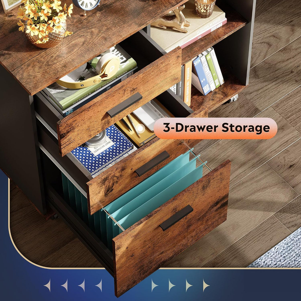 devaise 3-drawer mobile file cabinet, lateral filing cabinet showing dimensions
