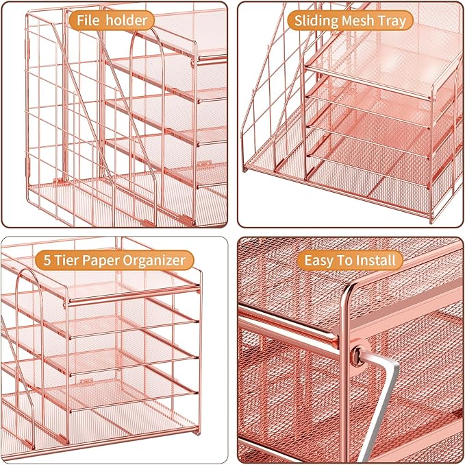 Marbrasse Desk Organizer with File Holder, 5-Tier Paper Letter Tray, Mesh Desk - Image 5