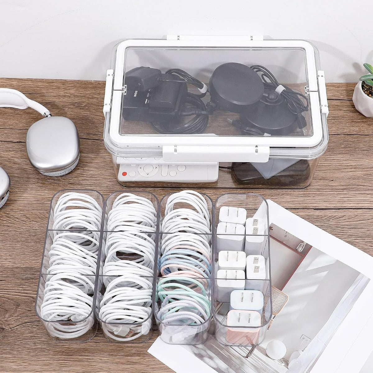 Large Cable Storage Box with Lid and Handle, Clear
