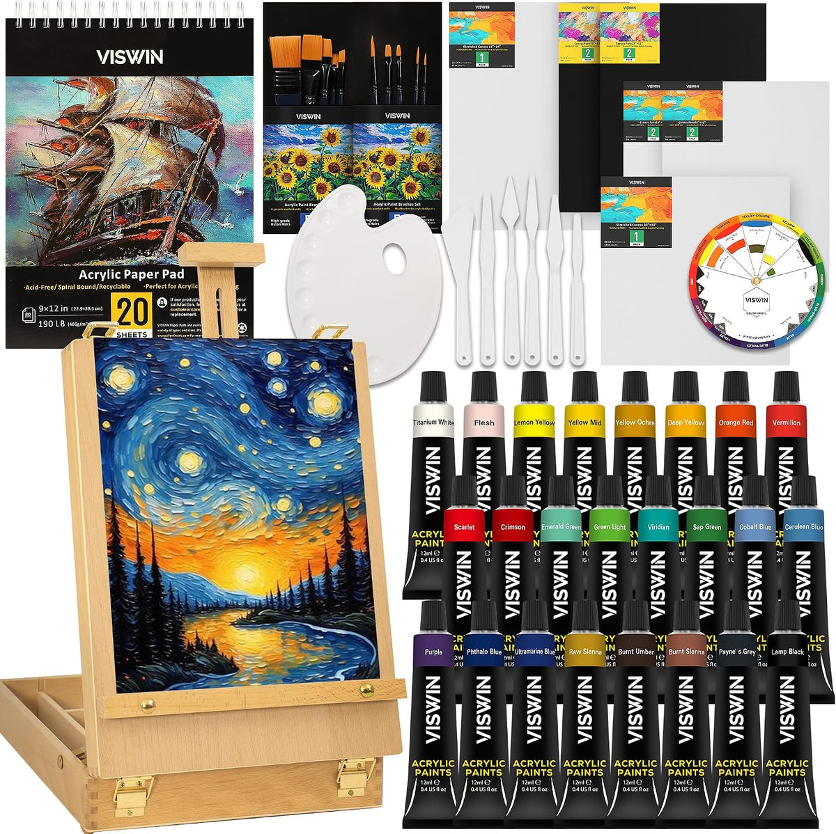 viswin 62 pcs acrylic paint set with easel, main product view