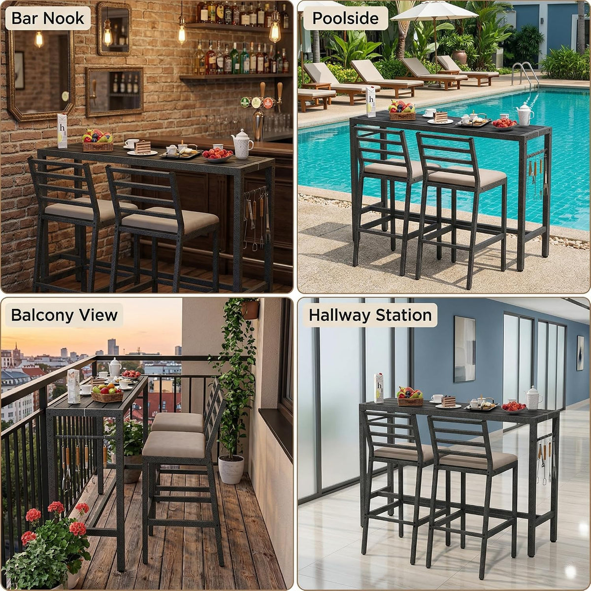 3Pcs Outdoor Patio Bar Set, 55" Rectangular High Top Table & Chair Set