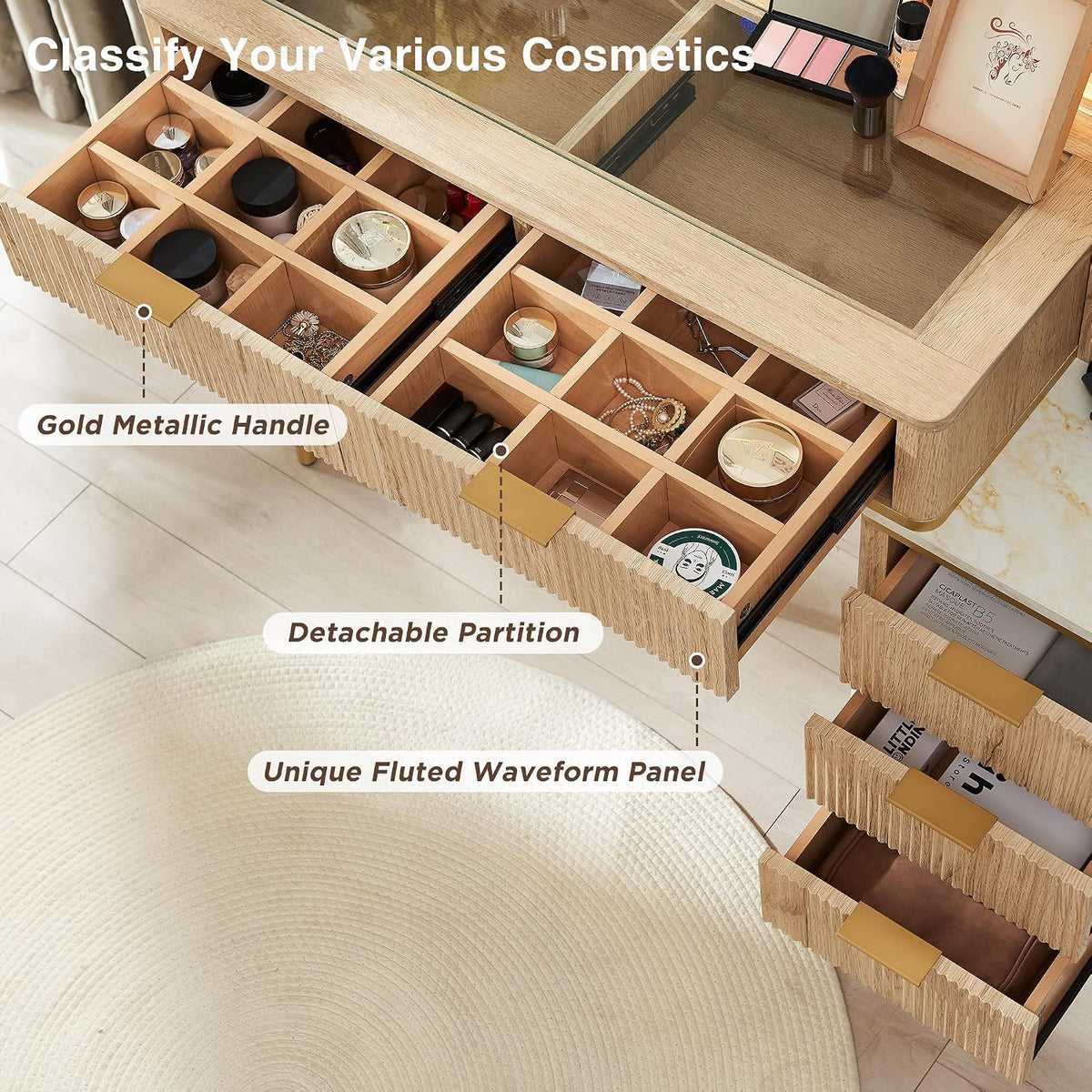 T4TREAM Fluted Makeup Vanity Desk with 36" HD Lighted Mirror, 48" B...