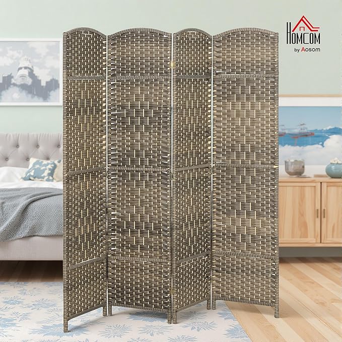 HOMCOM 4 Panel Room Divider, Hand-Woven Freestanding Wall Partition - Image 2