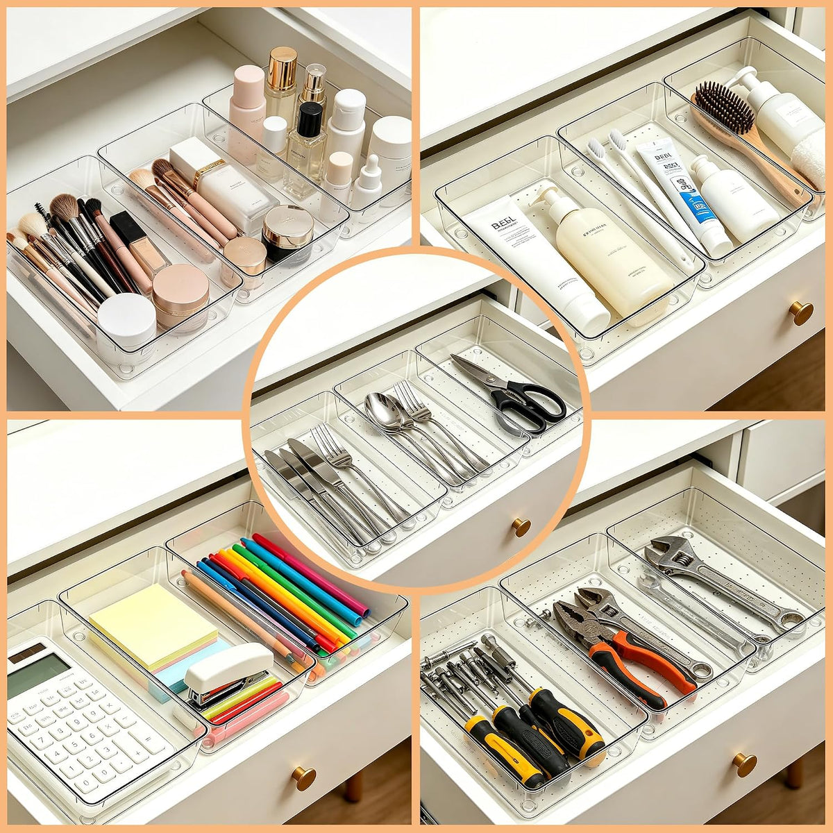 14Pack Desk Clear Drawer Organizers 6"*9" for Vanity, Bathroom, Office