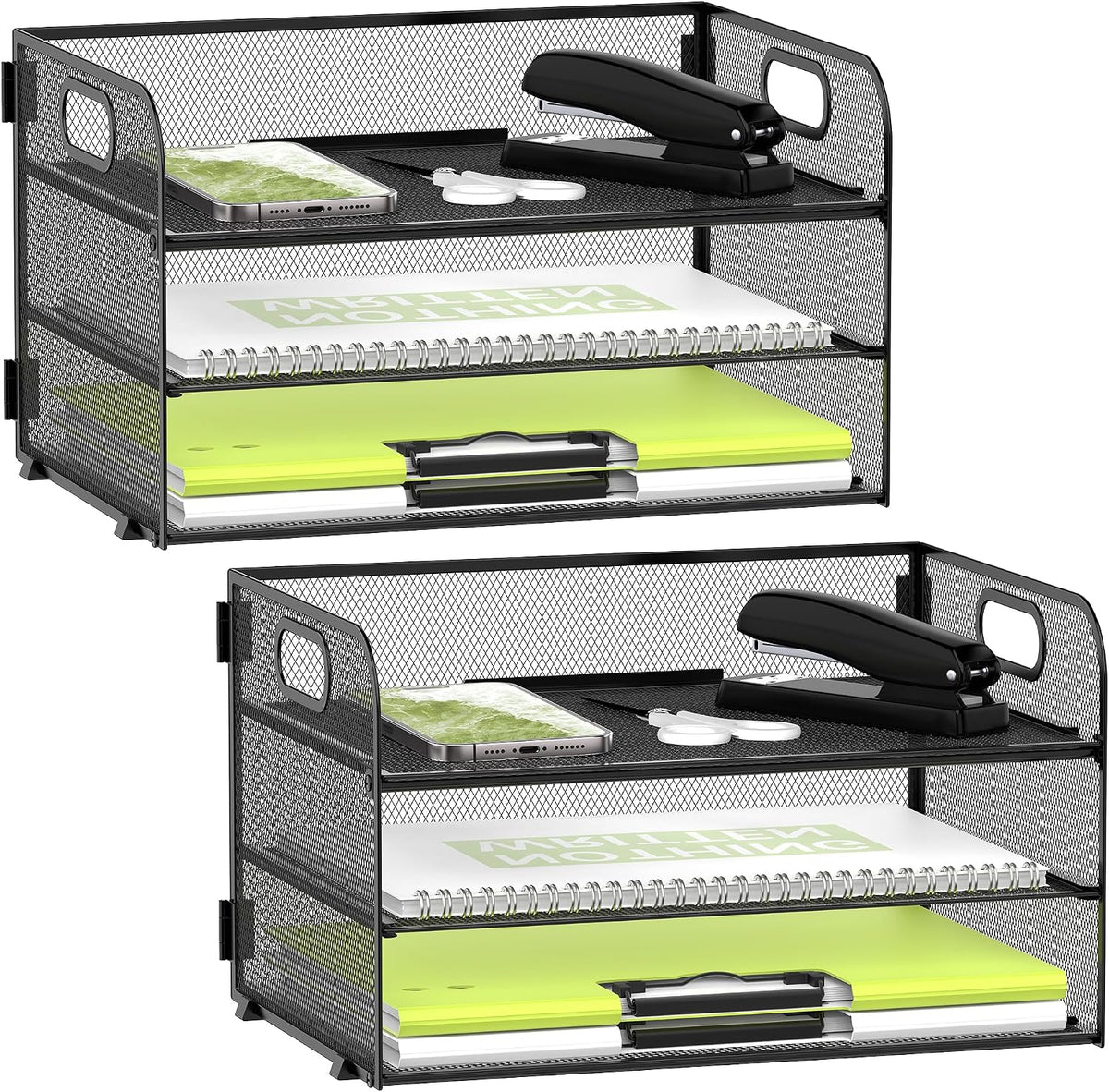 DALTACK 2 Pack 3 Tier Paper Organizer for Desk, Sliding Paper Trays, Black