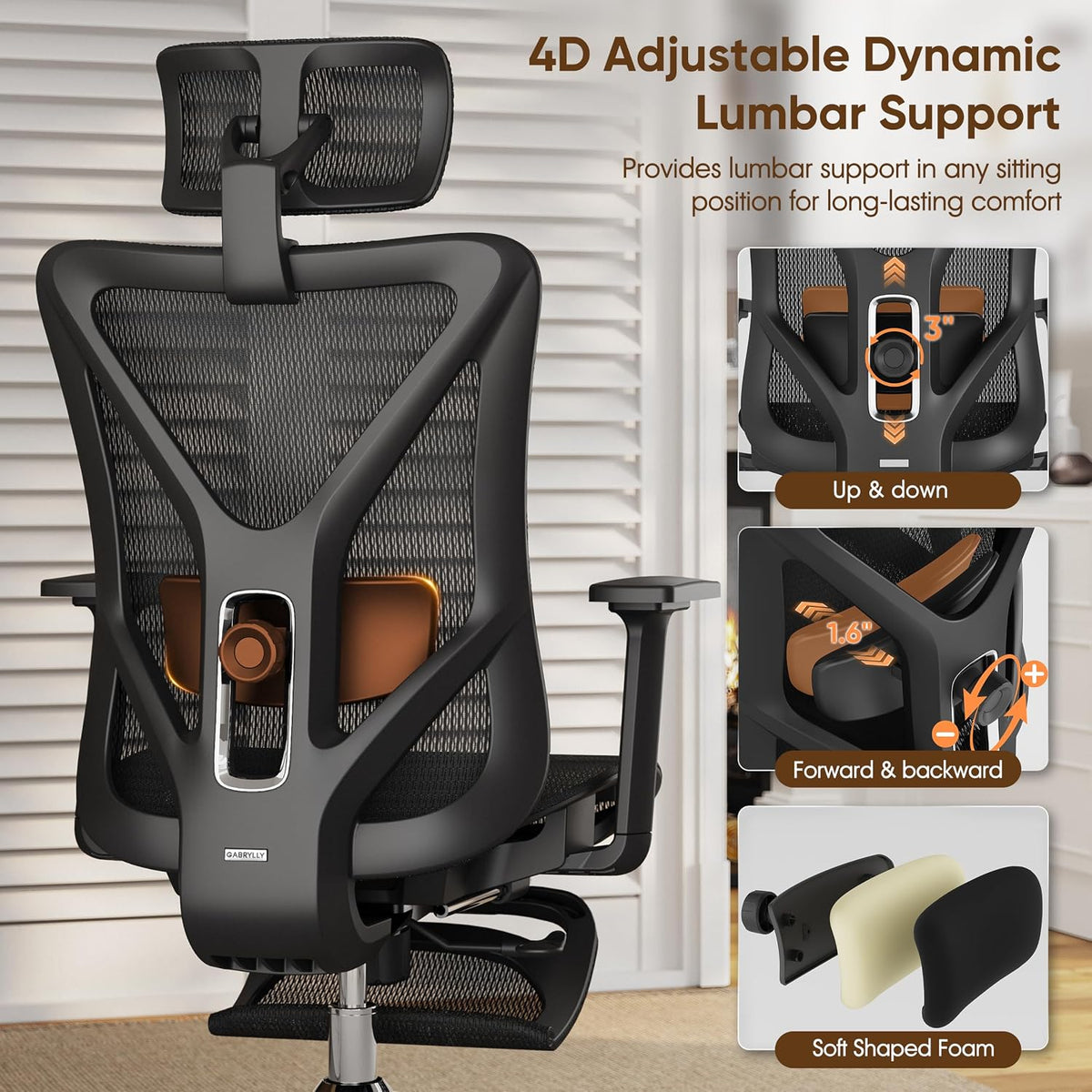 gabrylly ergonomic office chair with footrest, 135° reclining, side view