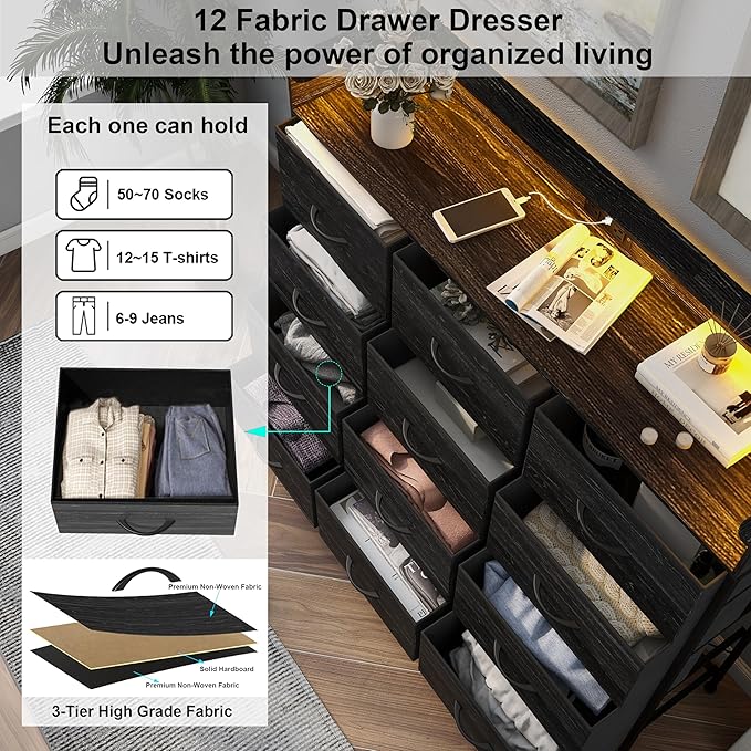 Welfuturer Black Dresser with LED Light 12 Drawers Dresser with Charging - Image 5