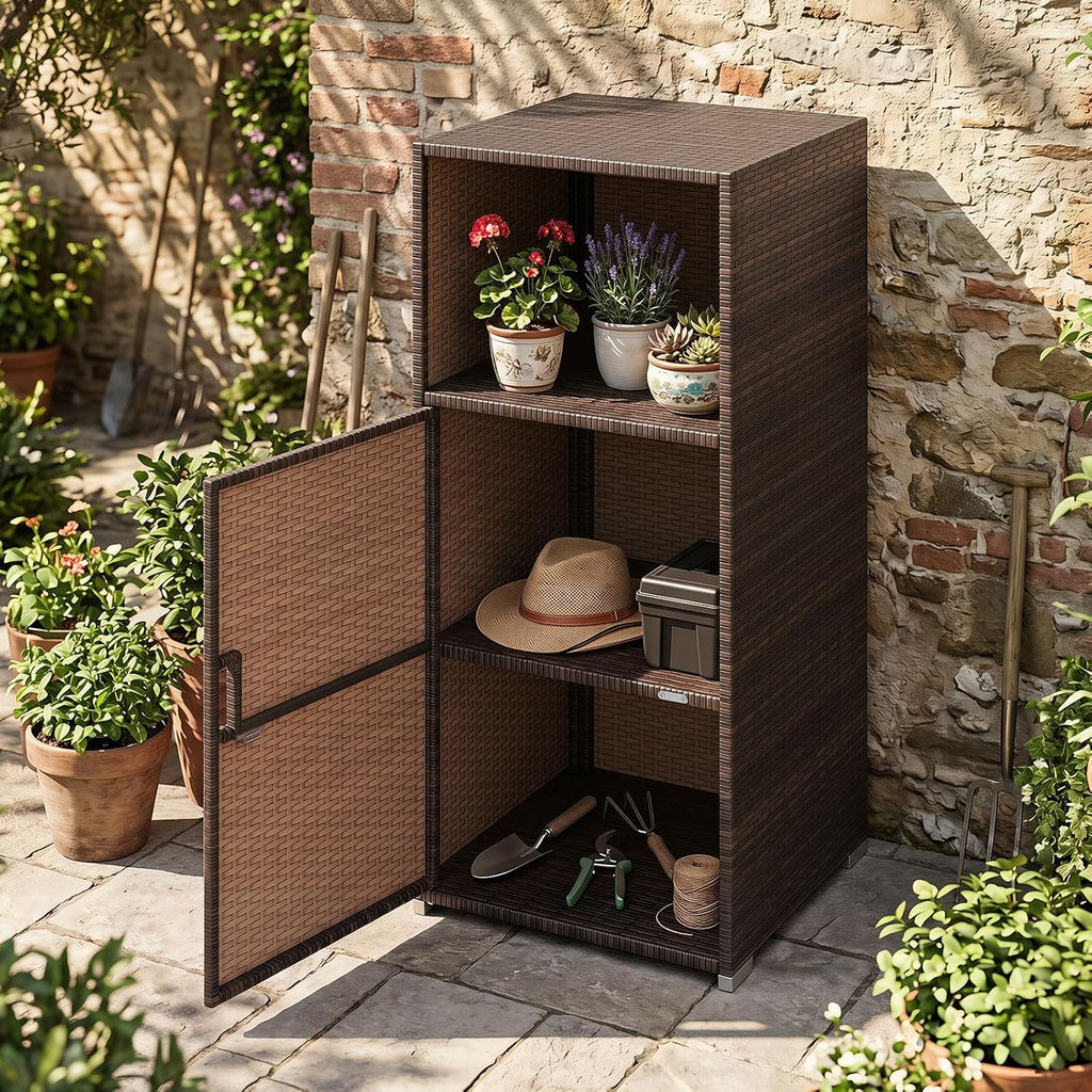 tangkula rattan outdoor storage cabinet with 3 storage shown in use