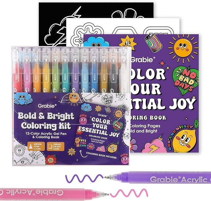 Grabie 12Colors Acrylic Gel Pens&Coloring Book, Medium Point Colored Gel Pens by Grabie